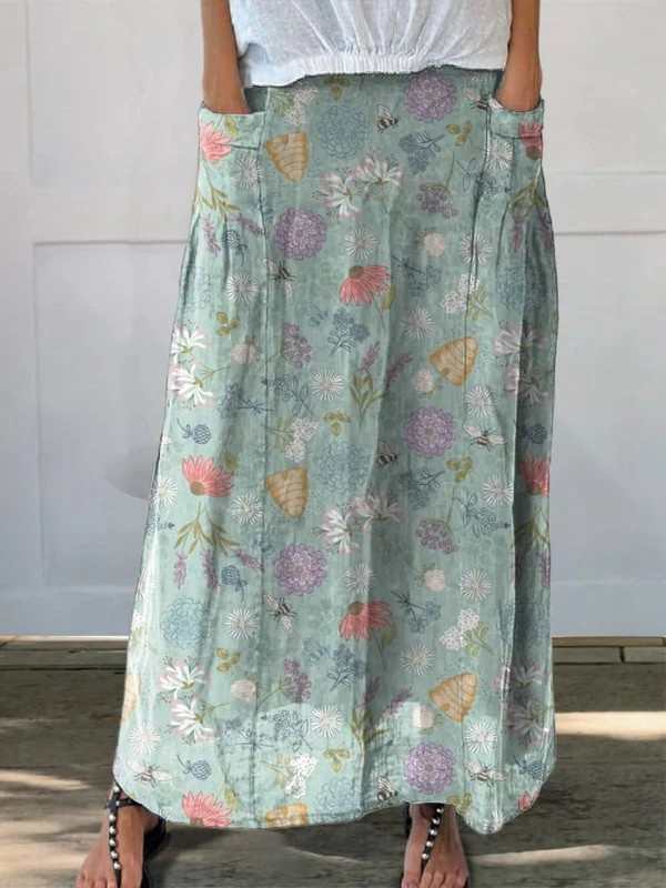 Daisy™ | Gonna con Tasche, Stampa Fiori Primaverili e Api