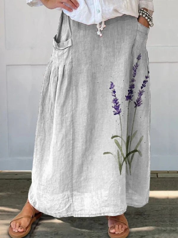 Marian™ | Gonna con Tasche, Stampa Acquerello Lavanda Floreale e Vita Elastica