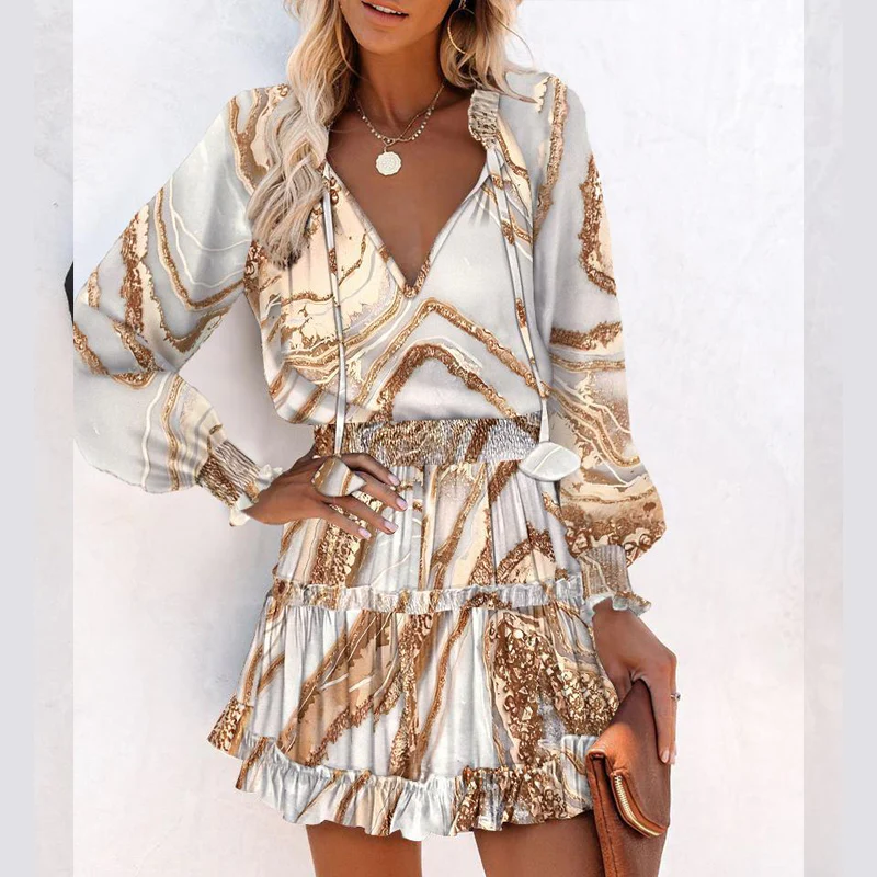 Ariana – mini abito con scollo a V, maniche lunghe e volant