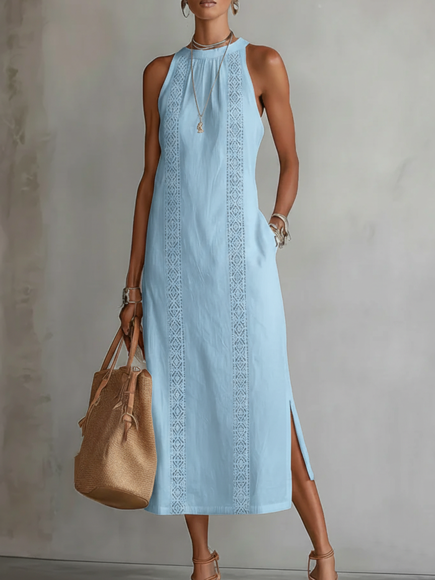 Jimena | abito midi in lino con collo coreano