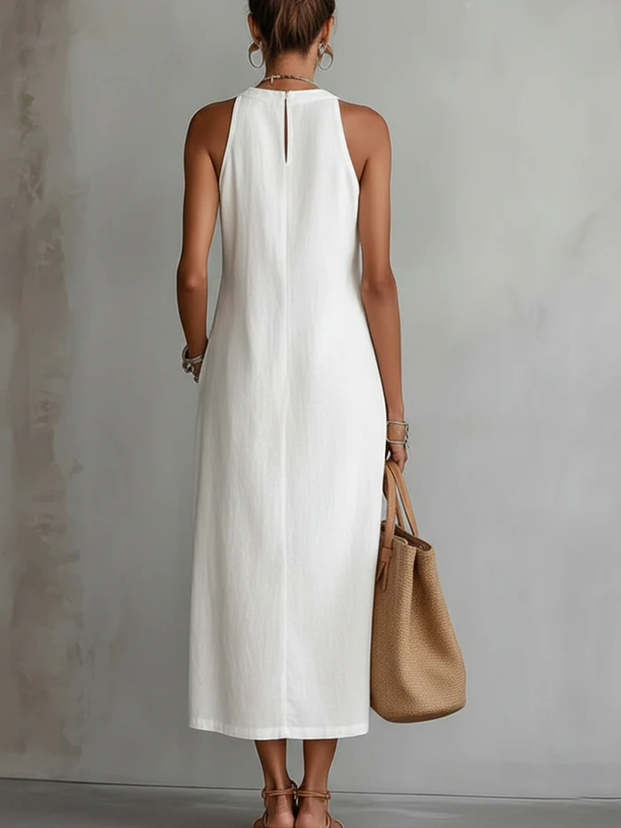 Jimena | abito midi in lino con collo coreano