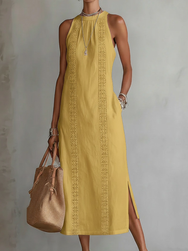 Jimena | abito midi in lino con collo coreano